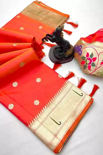 Orange soft silk paithani saree with flora zari weaving & muniya border