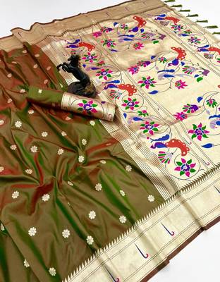 Mehendi soft silk paithani saree with flora zari weaving & muniya border 1