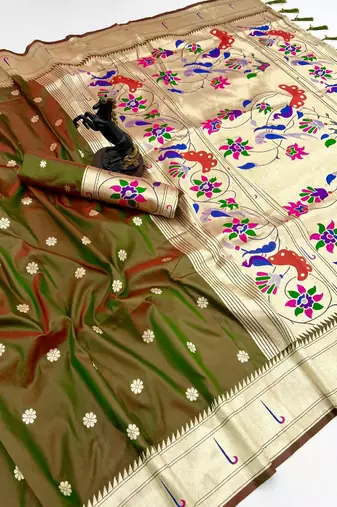 Mehendi soft silk paithani saree with flora zari weaving & muniya border