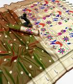 Mehendi soft silk paithani saree with flora zari weaving & muniya border