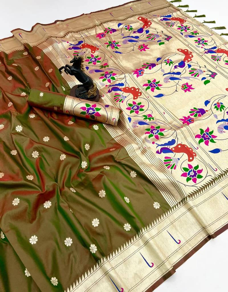 Mehendi soft silk paithani saree with flora zari weaving & muniya border