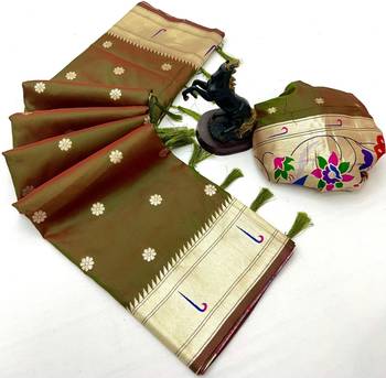 Mehendi soft silk paithani saree with flora zari weaving & muniya border 2