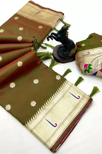 Mehendi soft silk paithani saree with flora zari weaving & muniya border