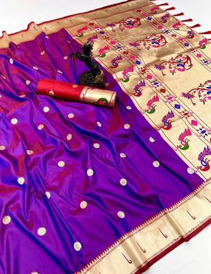 Magenta soft silk paithani saree with flora zari weaving & muniya border 1