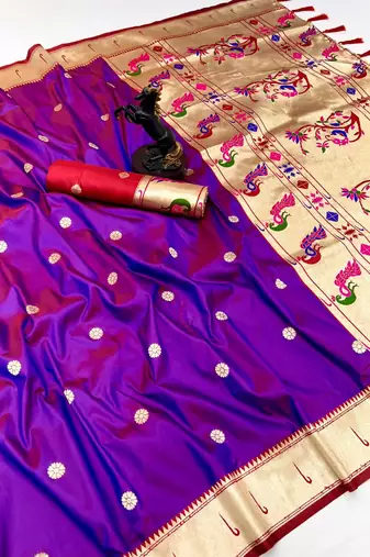 Magenta soft silk paithani saree with flora zari weaving & muniya border