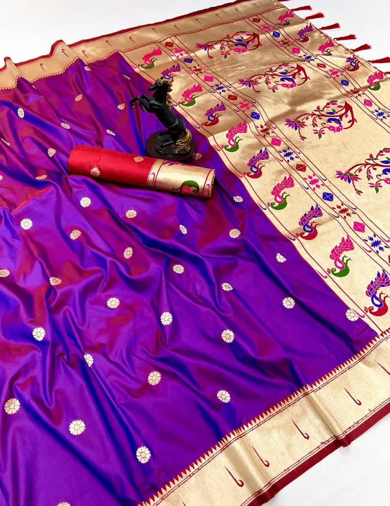 Magenta soft silk paithani saree with flora zari weaving & muniya border