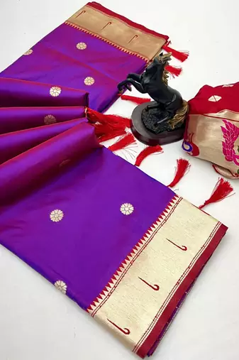 Magenta soft silk paithani saree with flora zari weaving & muniya border