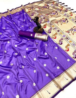 Light purple soft silk paithani saree with flora zari weaving & muniya border 1