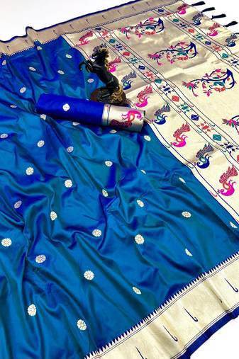 Teal soft silk paithani saree with flora zari weaving & muniya border