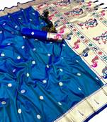 Teal soft silk paithani saree with flora zari weaving & muniya border