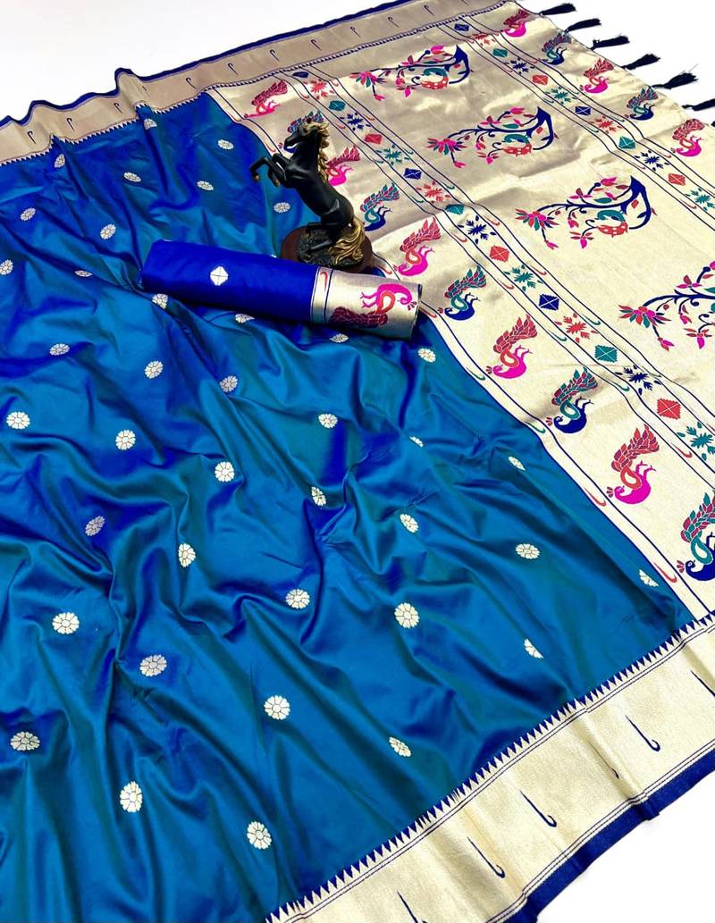 Teal soft silk paithani saree with flora zari weaving & muniya border