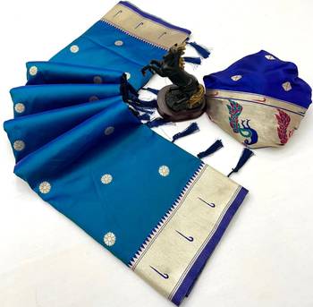 Teal soft silk paithani saree with flora zari weaving & muniya border 2