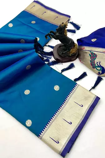 Teal soft silk paithani saree with flora zari weaving & muniya border