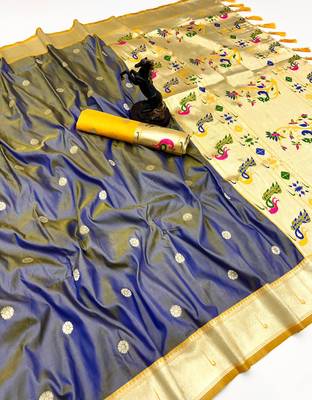 Grey soft silk paithani saree with flora zari weaving & muniya border 1