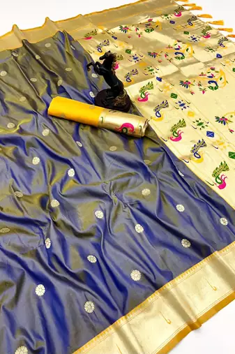 Grey soft silk paithani saree with flora zari weaving & muniya border