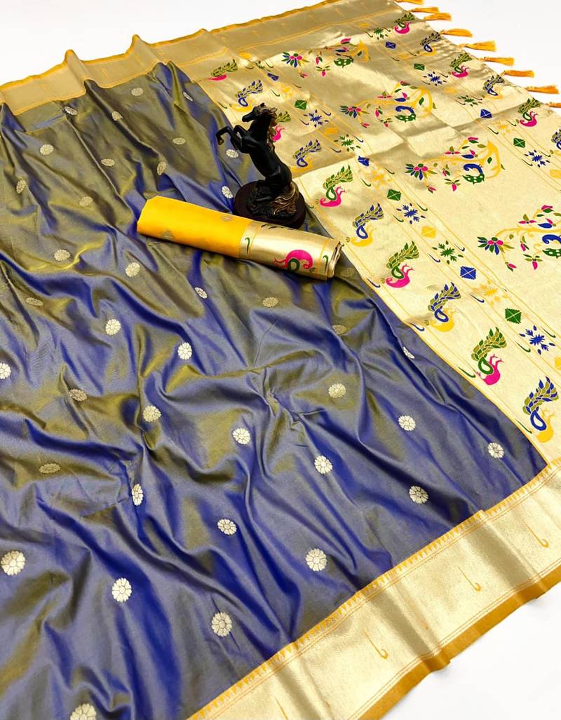 Grey soft silk paithani saree with flora zari weaving & muniya border