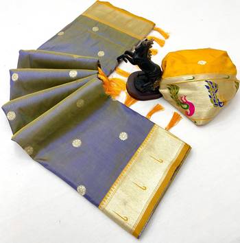 Grey soft silk paithani saree with flora zari weaving & muniya border 2