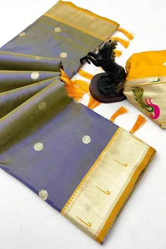 Grey soft silk paithani saree with flora zari weaving & muniya border