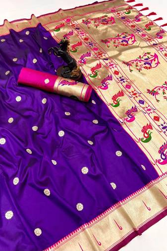 Purple soft silk paithani saree with flora zari weaving & muniya border