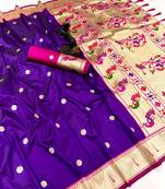Purple soft silk paithani saree with flora zari weaving & muniya border