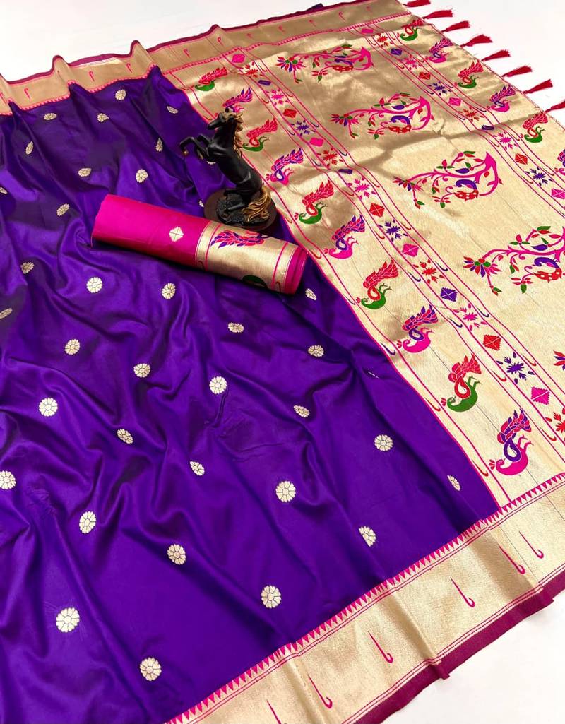 Purple soft silk paithani saree with flora zari weaving & muniya border