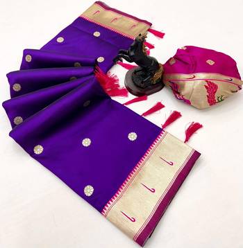 Purple soft silk paithani saree with flora zari weaving & muniya border 2