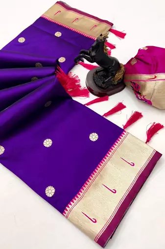 Purple soft silk paithani saree with flora zari weaving & muniya border