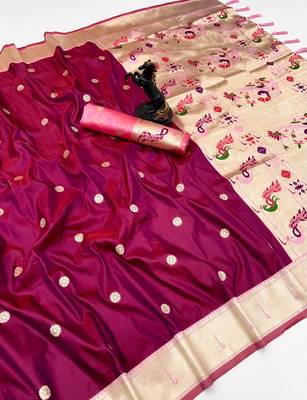 Pink soft silk paithani saree with flora zari weaving & muniya border 1