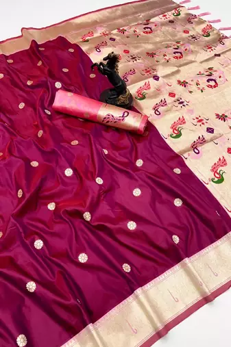 Pink soft silk paithani saree with flora zari weaving & muniya border