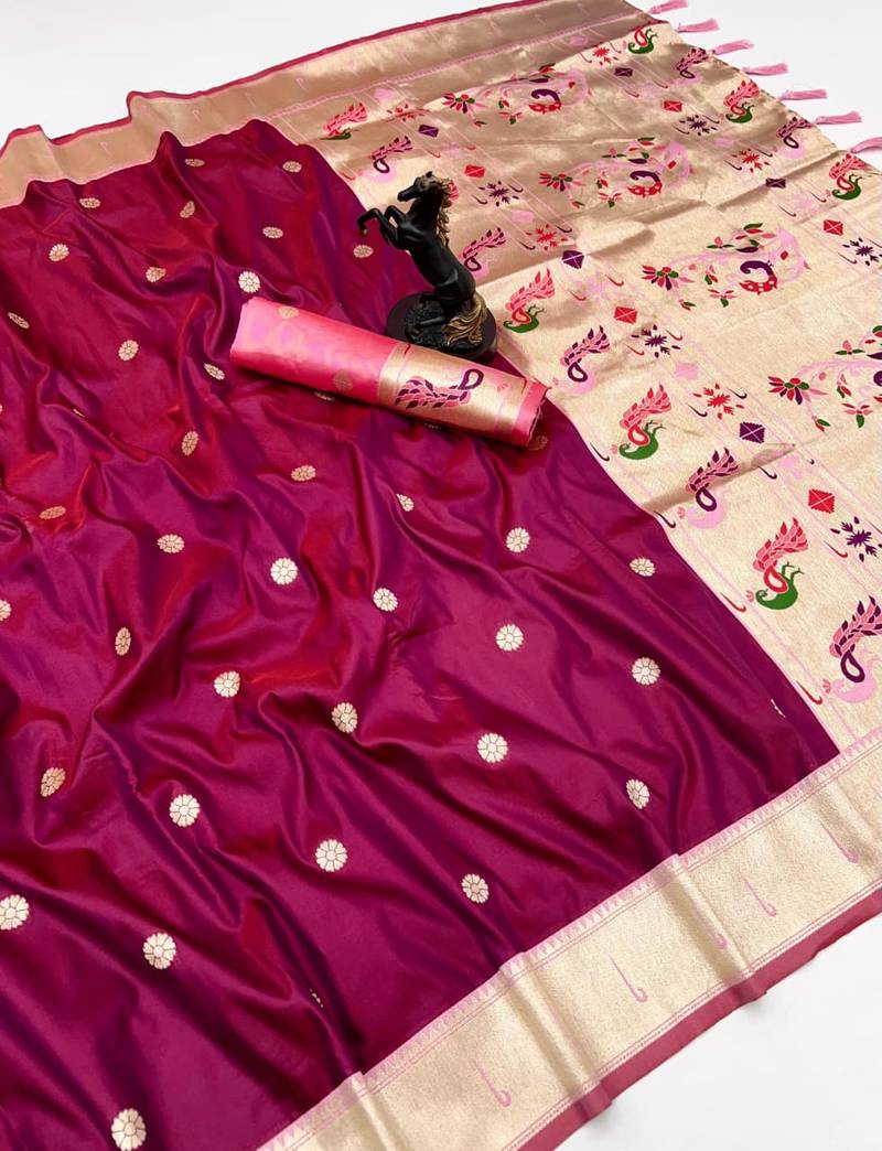Pink soft silk paithani saree with flora zari weaving & muniya border