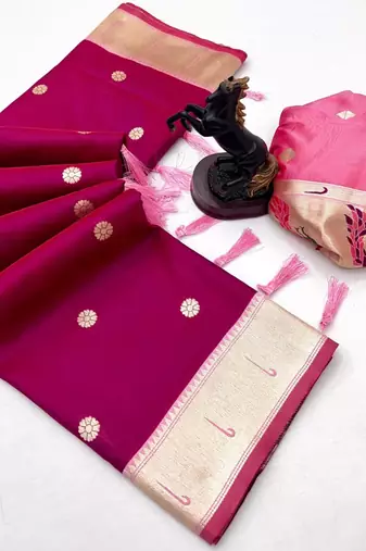 Pink soft silk paithani saree with flora zari weaving & muniya border