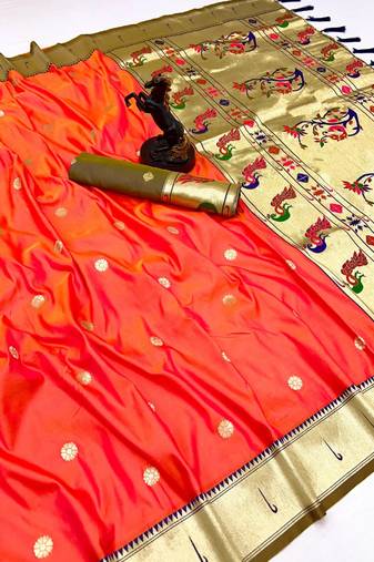 Orange soft silk paithani saree with flora zari weaving & muniya border