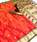Orange soft silk paithani saree with flora zari weaving & muniya border