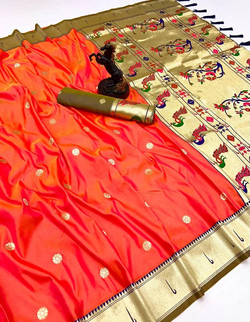 Orange soft silk paithani saree with flora zari weaving & muniya border