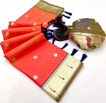 Orange soft silk paithani saree with flora zari weaving & muniya border 2