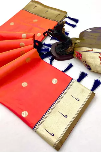 Orange soft silk paithani saree with flora zari weaving & muniya border