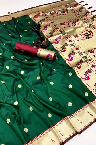 Green soft silk paithani saree with flora zari weaving & muniya border