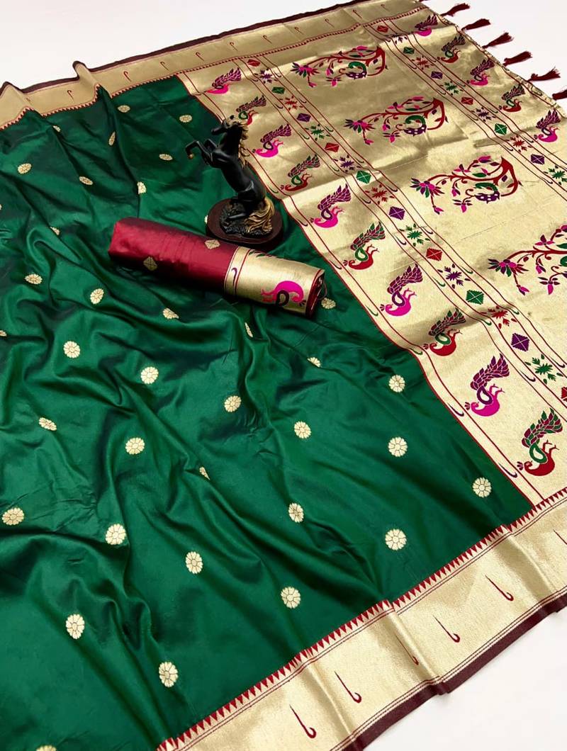 Green soft silk paithani saree with flora zari weaving & muniya border