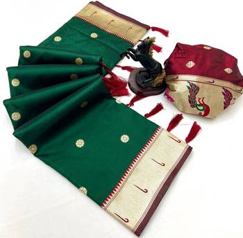 Green soft silk paithani saree with flora zari weaving & muniya border 2