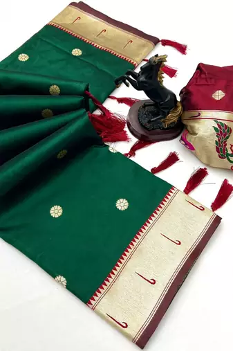 Green soft silk paithani saree with flora zari weaving & muniya border