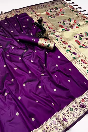 Wine soft silk paithani saree with floral zari border & lotus pallu
