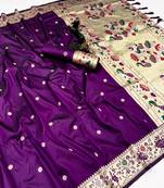 Wine soft silk paithani saree with floral zari border & lotus pallu