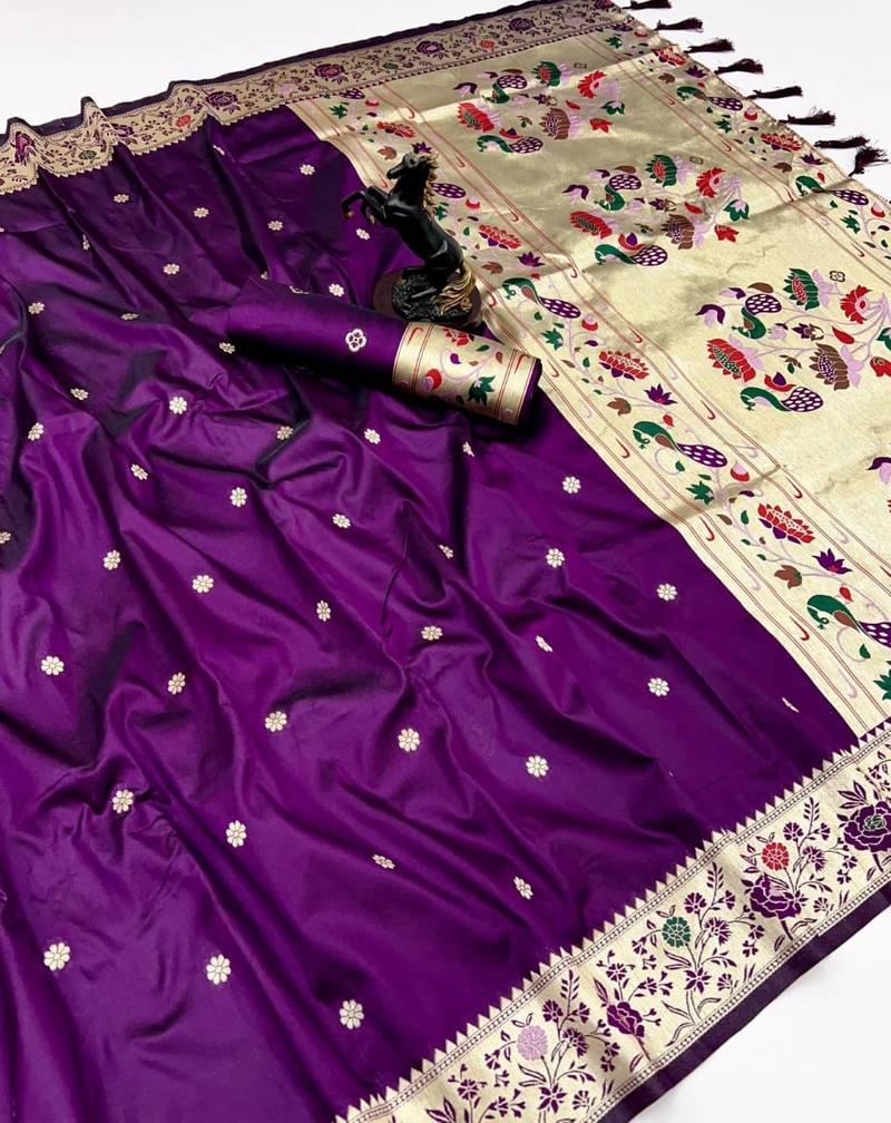 Wine soft silk paithani saree with floral zari border & lotus pallu