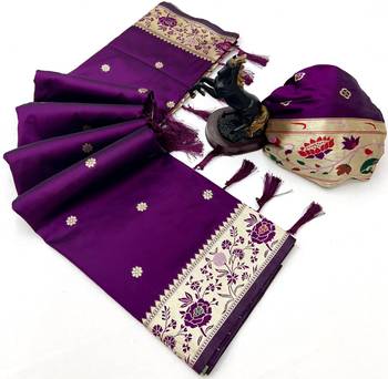 Wine soft silk paithani saree with floral zari border & lotus pallu 2