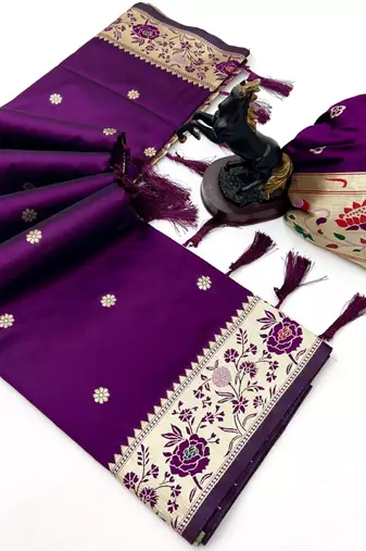 Wine soft silk paithani saree with floral zari border & lotus pallu