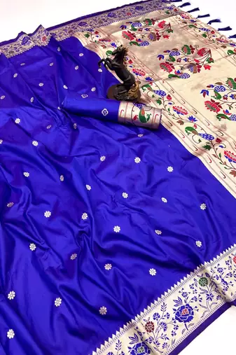 Royal blue soft silk paithani saree with floral zari border & lotus pallu
