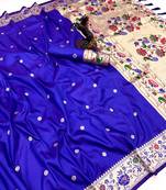 Royal blue soft silk paithani saree with floral zari border & lotus pallu