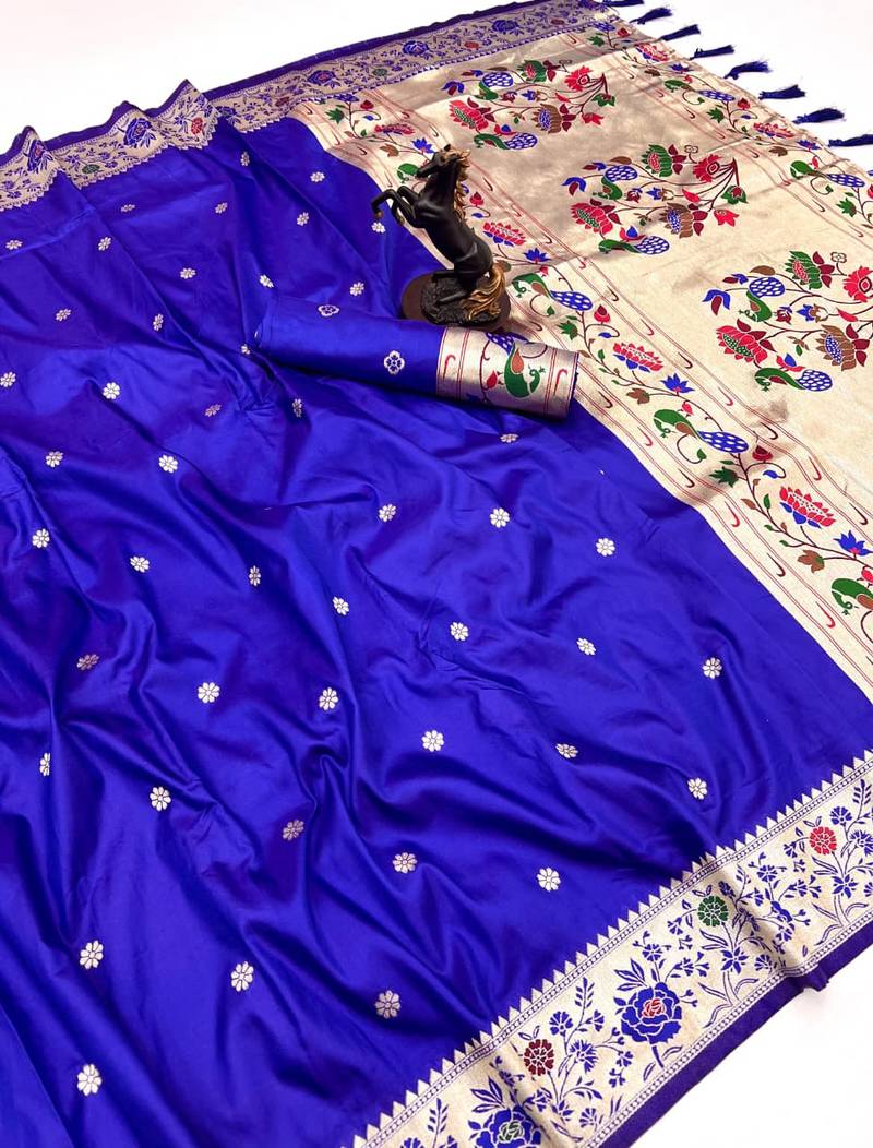 Royal blue soft silk paithani saree with floral zari border & lotus pallu