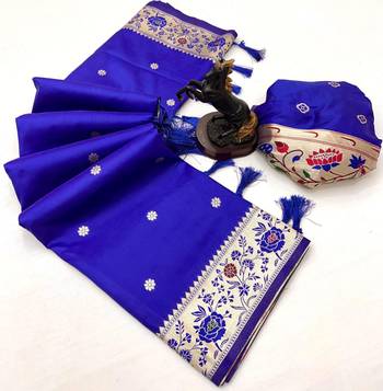 Royal blue soft silk paithani saree with floral zari border & lotus pallu 2