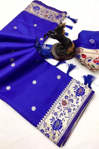 Royal blue soft silk paithani saree with floral zari border & lotus pallu